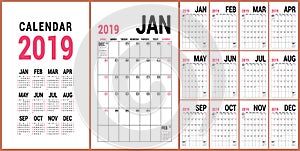 Planner 2019. English calendar template. Vector calender grid. O