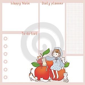 Daily planner with little girl and red apple. Pink color.