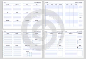 Planner note pages templates. Yearly, monthly and weekly planners. Daily tasks, goals and appointments template vector