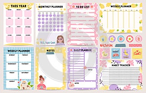 Planner notebook. Decorated daily, monthly and weekly plan template. To do list, schedule and habit tracker. Organizer