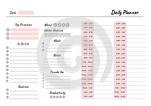 Daily planner printable template Vector. Blank white notebook page A4