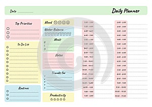 Daily planner printable template Vector. Blank white notebook page A4. Business organizer schedule page for a day for