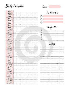 Daily planner printable template Vector. Blank white notebook page Letter size