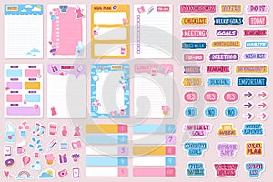 Planner and stickers. Organized daily notebooks, diary agenda reminder. Check lists calendar cards, weekly labels