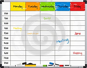 Planner template on whiteboard with color marker pens. Vector.