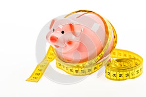 Planning budget. Business problem. Limited or restricted. Credit loan debt. Piggy bank and measuring tape. Budget limit