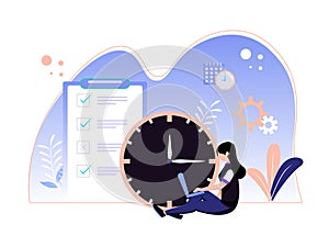 Planning concept. woman sitting by doing a job with a deadline. vector illustration of work process event schedule