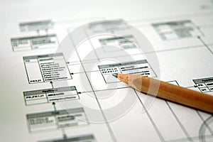 Foto che mostra la matita con una stampa di uno schema di database (di poco DOF)