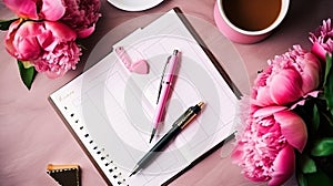 Planning day, writing a to do list checklist, top view of a feminine workspace desk with an open ringbinder a ballpoint pen