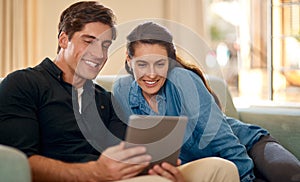 Planning, home and couple with tablet to research ideas for property, development or real estate. Mortgage, loan and