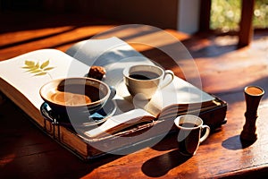 Planning and organizing start to the work day ahead, with coffee and notebook in the office photo