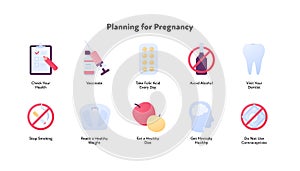 Planning for pregnancy concept. Vector flat color icon illustration set. Step to baby infographic. Design element