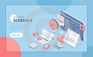 Planning schedule and calendar. Time management, work planning organization application. Reminders of meeting, event. Isometric ve