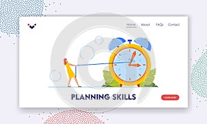 Planning Skills Landing Page Template. Deadline, Time Management Business Concept with Tiny Office Woman Pull Arrows