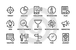 Planning stages, business and finance, vector set of linear icons. Business stages. Isolated collection of business