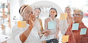 Planning, strategy or black woman writing a winning marketing or advertising plan for business ideas. Sticky notes