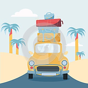 Planning summer vacations, Travel by car. Vehicle with suitcases on roof. World Travel, Summer holiday,Tourism and vacation theme