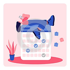 Planning tasks in calendar on phone and relaxing vector illustration photo