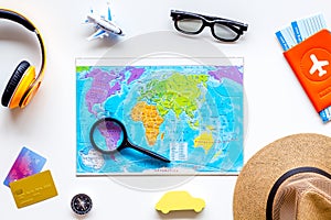 Planning a travel concept. Map of the world on white background top view