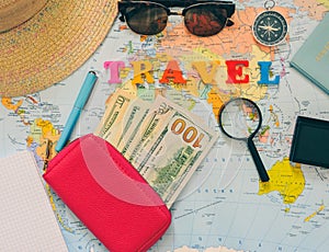 Planning a trip or adventure. dollars money background.Financial concept.Travel planning dreams.