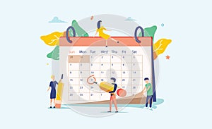 Planning vector illustration. Flat mini persons concept with schedule calendar. System to organize daily routine.