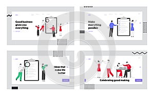 Planning, Victory Website Landing Page Set. Businesspeople Filling Checklist for Successful Completion of Business Tasks