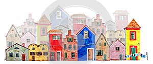 Plans of an old town. Colorful old stone european houses. Hand drawn cartoon watercolor illustration