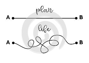 Plans versus real life, planning concept illustration by tangled and straight lines.