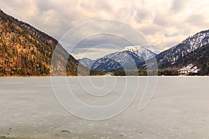 Plansee lake frozen on the end of winter, Tyrol, Austria.