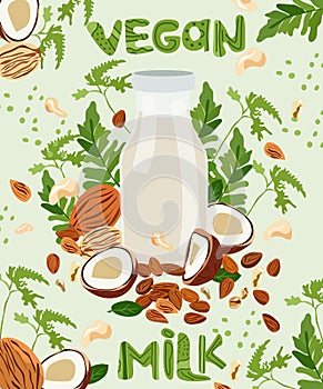 Plant based milk concept, Non dairy, plant based beverages in bottl glass, ideal for a wholesome diet. Organic lactose