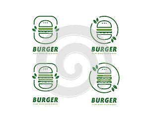 Plant based vegan burger simple logo icon set with green leaves