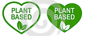 Plant based vegan food product label. Green heart-shaped stamp. Logo or icon. Diet. Sticker. Vegeterian.