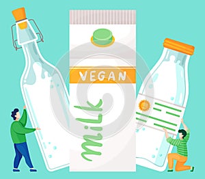 Plant-based vegan nutty milk. Cartoon illustration of tiny people near big milk bottles and box