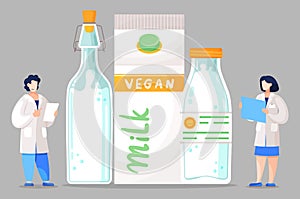 Plant-based vegan nutty milk. Cartoon illustration of tiny people near big milk bottles and box