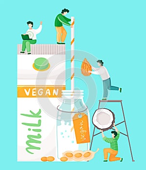 Plant-based vegan nutty milk. Cartoon illustration of tiny people near big milk bottles and nuts