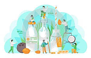 Plant-based vegan nutty milk. Cartoon illustration of tiny people near big vegan milk bottles and nuts