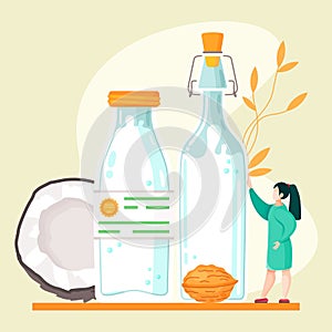 Plant-based vegan nutty milk. Cartoon illustration of tiny woman near big glass milk bottles