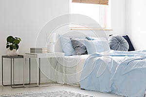 Plant, books and lamp standing on white and gray nightstands in