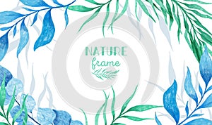 Plant branch hand drawn frame. Ethnic ornament, floral print, textile fabric, botanical element. Green color in white bsckground