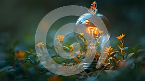 Plant and butterfly in a light bulb