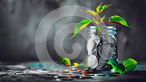 Plant in a clear jar filled with coins Saving income Returns from investing money