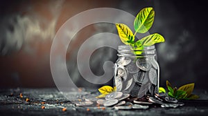 Plant in a clear jar filled with coins Saving income Returns from investing money