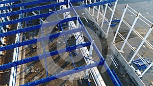 Plant Construction, Construction of a large factory, Industrial exterior, Construction site, aerial view, metal and