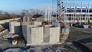 Plant Construction, Construction of a large factory, Industrial exterior, Construction site, aerial view, metal and