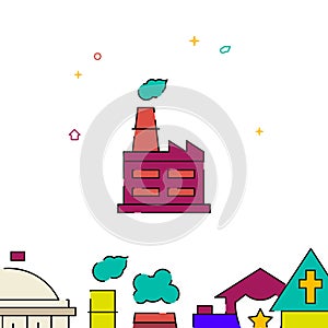 Plant, factory with smoking chimney filled line icon, simple illustration