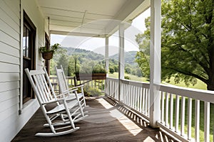 plant-filled front porch with plush rocking chairs and serene view of rolling hills