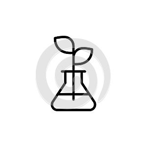 Plant in flask icon in black. Chemical flask for organic experiments, research, growing plants, biology, pharmaceuticals. Vector