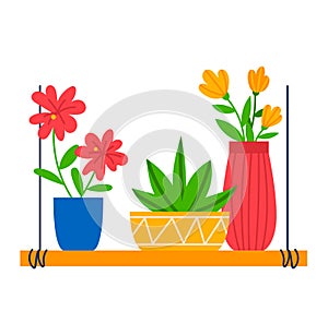 Plant in flower pot and vase, vector illustration. Green floral decorative design for home, cartoon leaf from nature