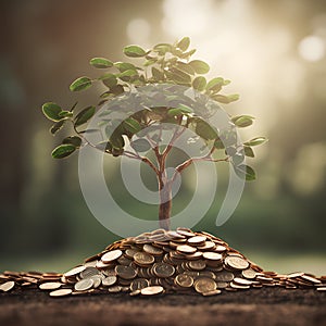 A plant with a green leaf sprouts from a pile of coins.