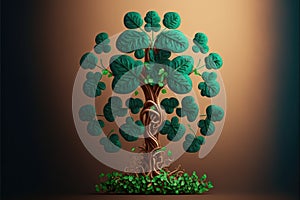 Plant with green leaves and roots growing on the trunk on brown background. Fertility symbol. Generative AI